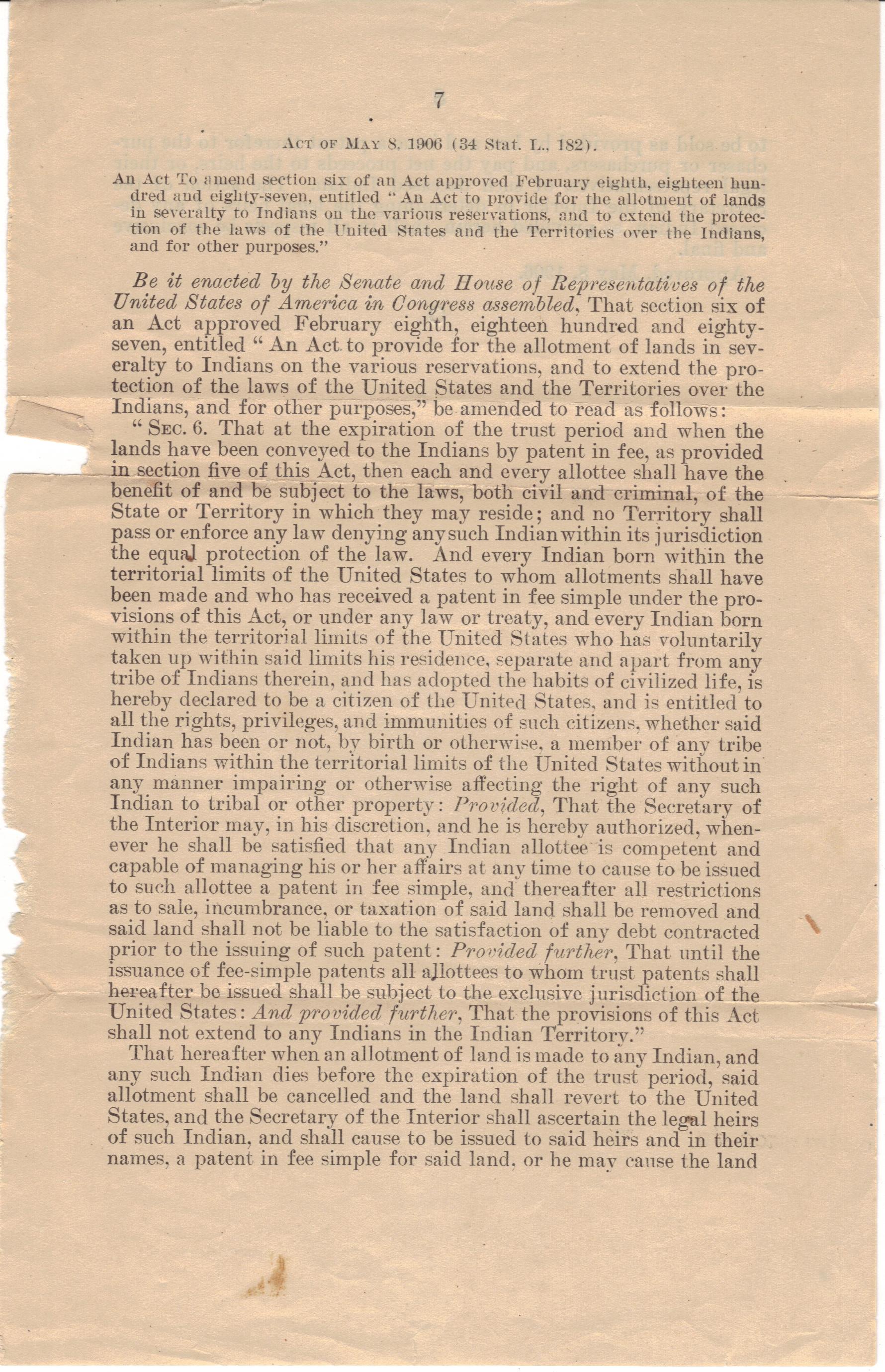 1887 Congressional Acts: 'Fee simple' land allocation (9)